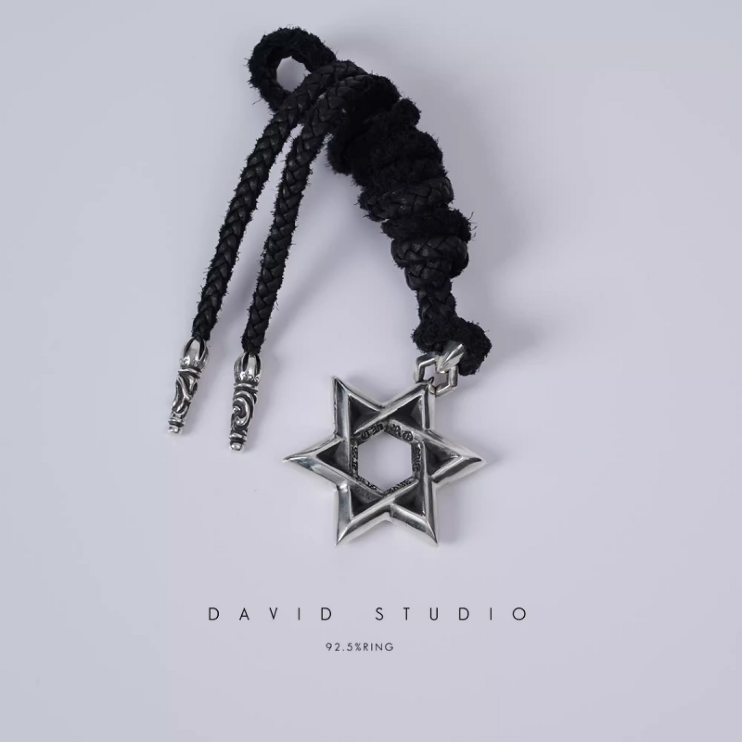 LARGE STAR OF DAVID PENDANT – LEATHER BRAID