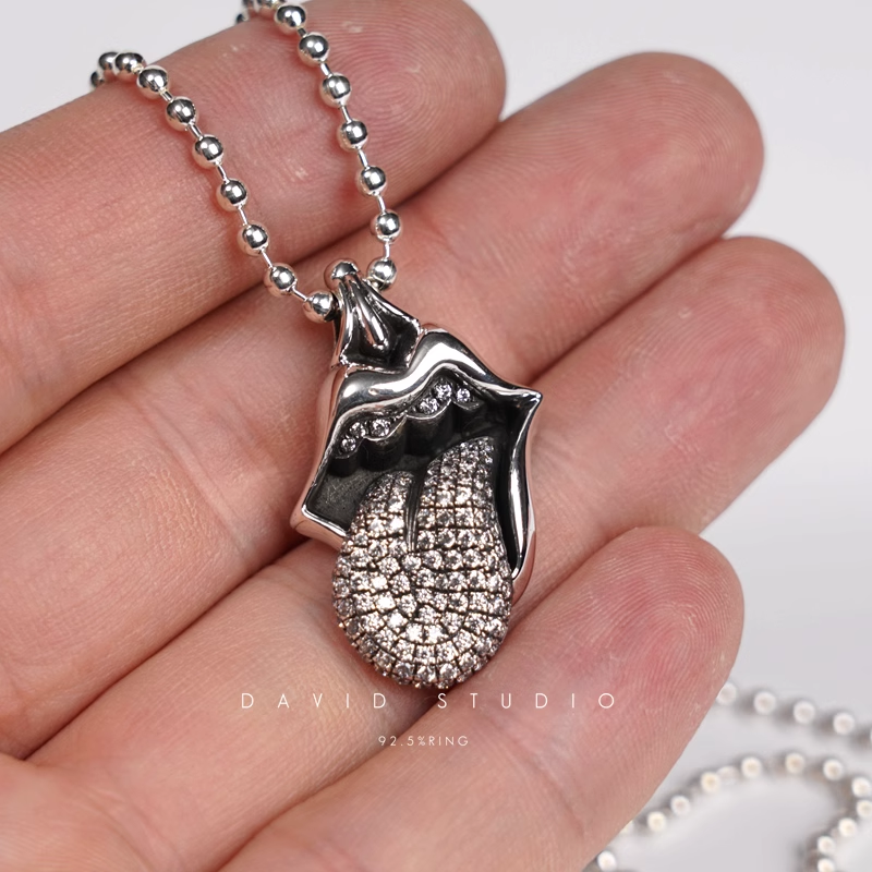 ROLLING STONES TONGUE & LIP PENDANT WITH DIAMOND – BALL CHAIN