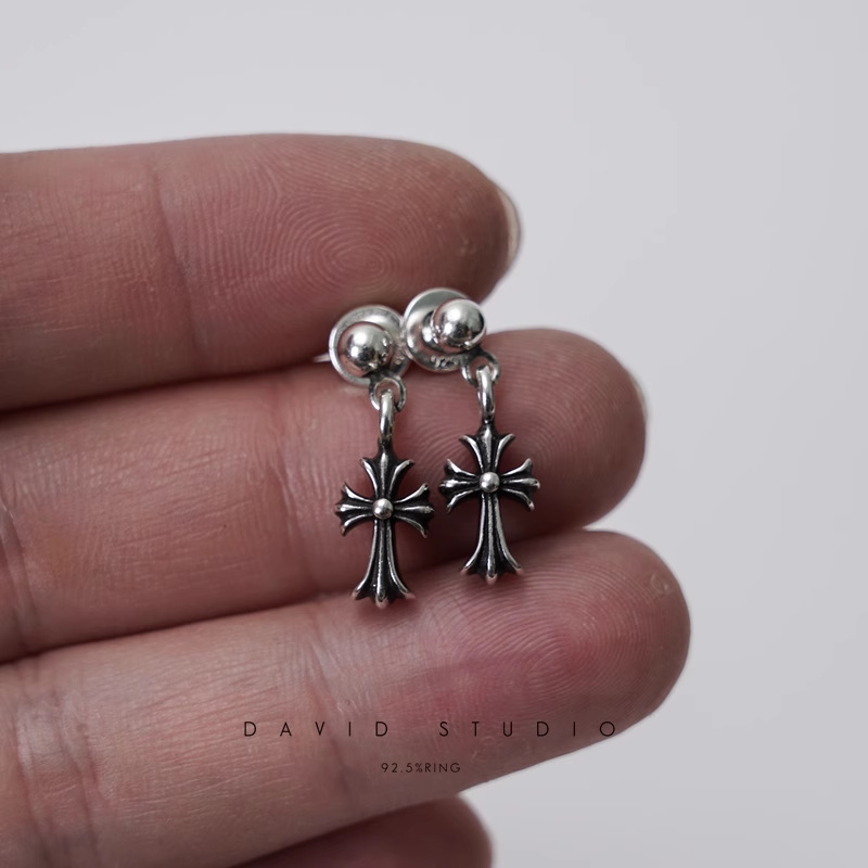 TINY E CROSS DROP EARRINGS