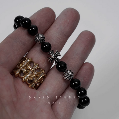 ONYX BEAD BRACELET 8MM (4 SILVER BEADS)