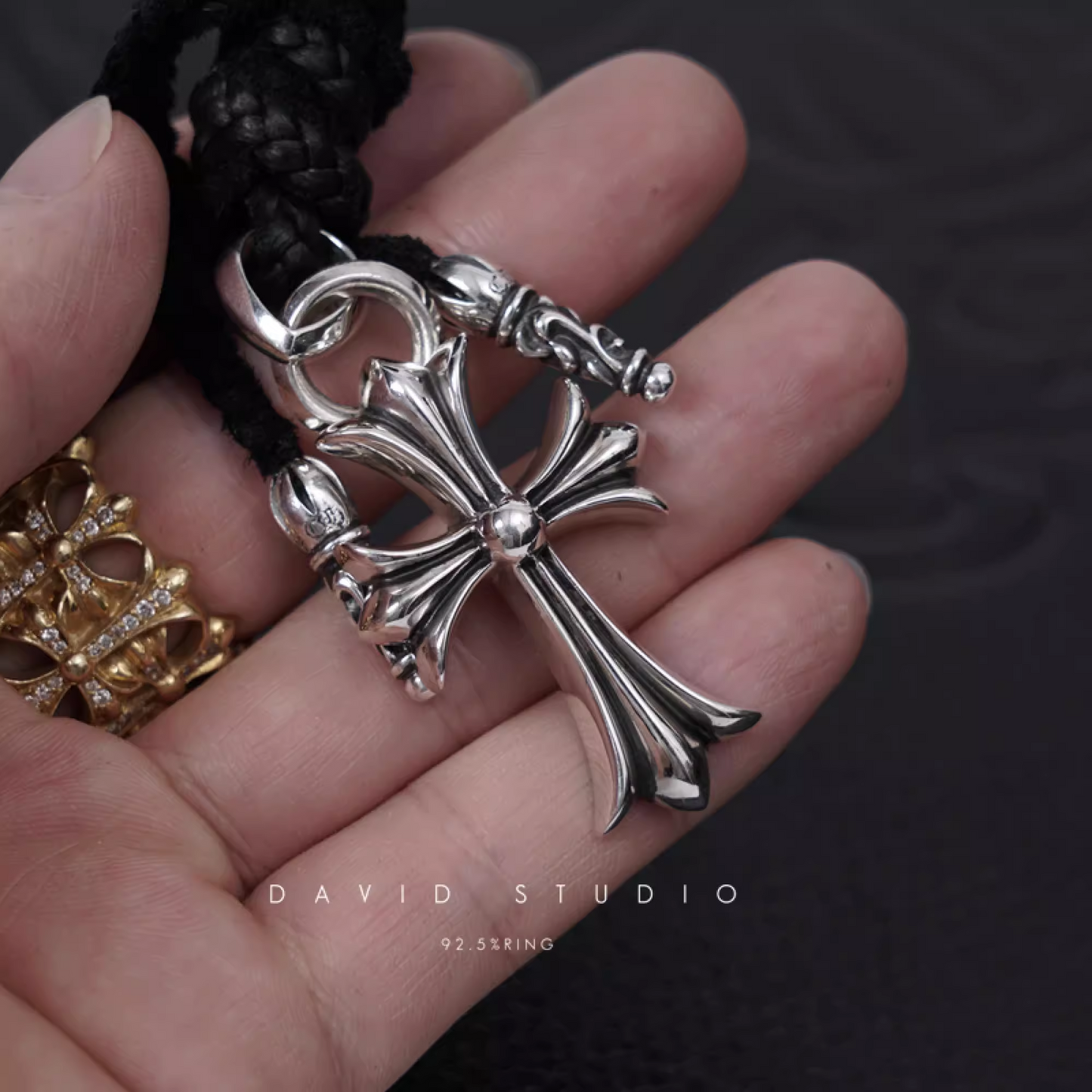 SMALL CROSS PENDANT WITH BAIL – LEATHER BRAID