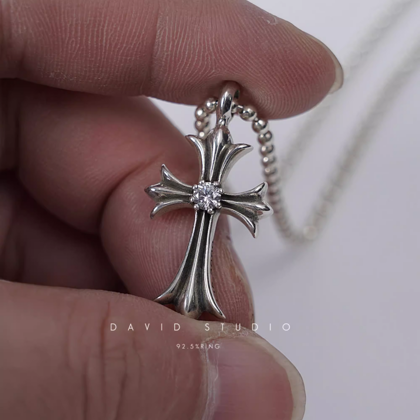 SMALL CROSS CHARM NECKLACE WITH DIAMONDS – BALL CHAIN