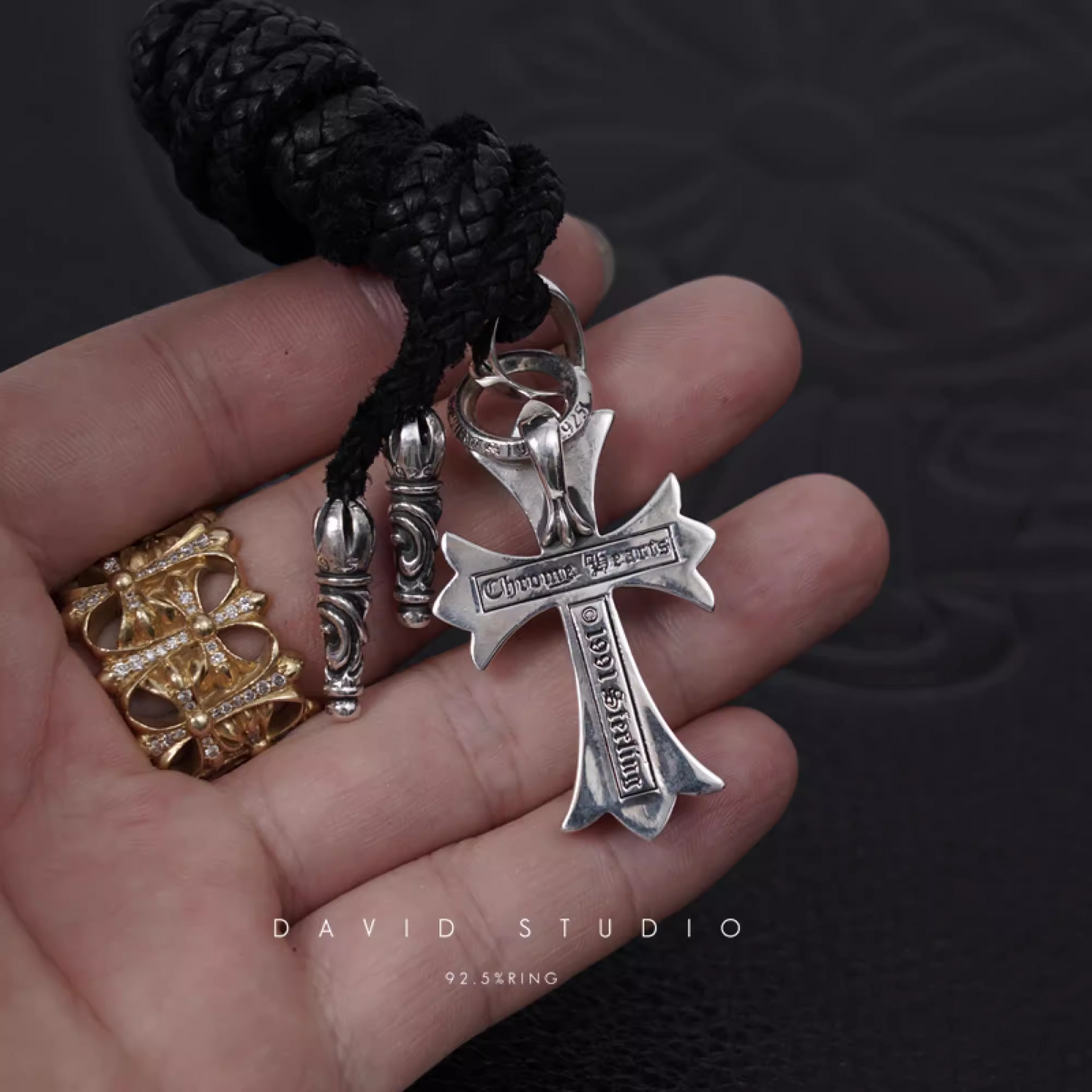 SMALL CROSS PENDANT WITH BAIL – LEATHER BRAID