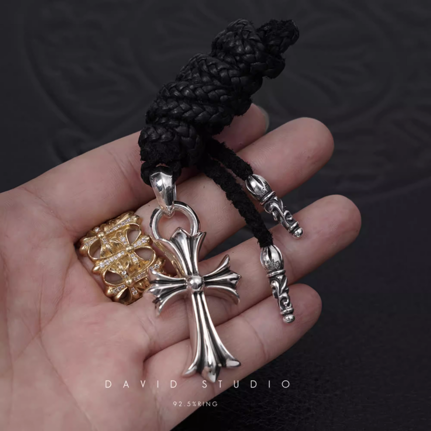 SMALL CROSS PENDANT WITH BAIL – LEATHER BRAID