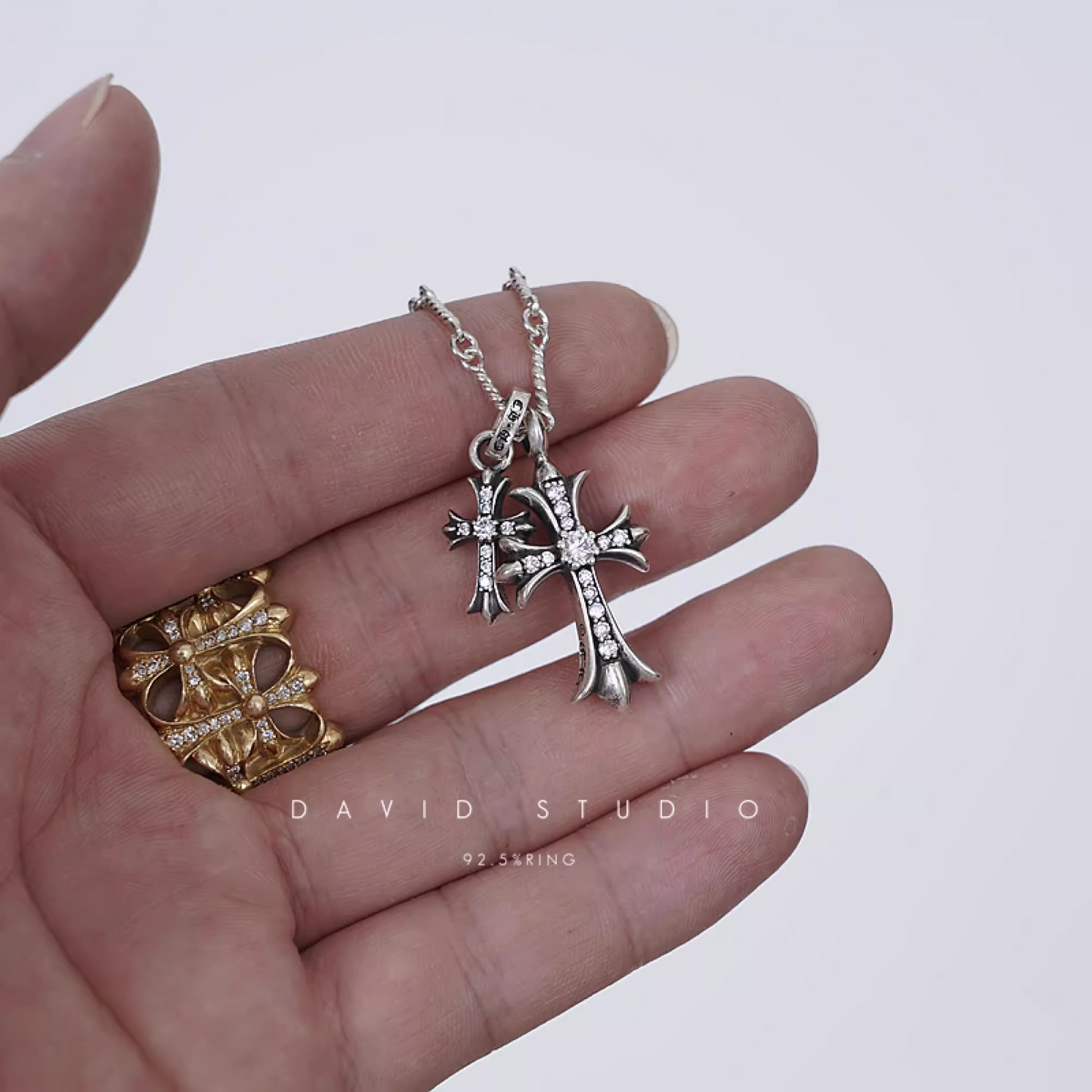 SMALL CROSS AND BABYFAT CHARM NECKLACE WITH DIAMONDS – TWIST CHAIN