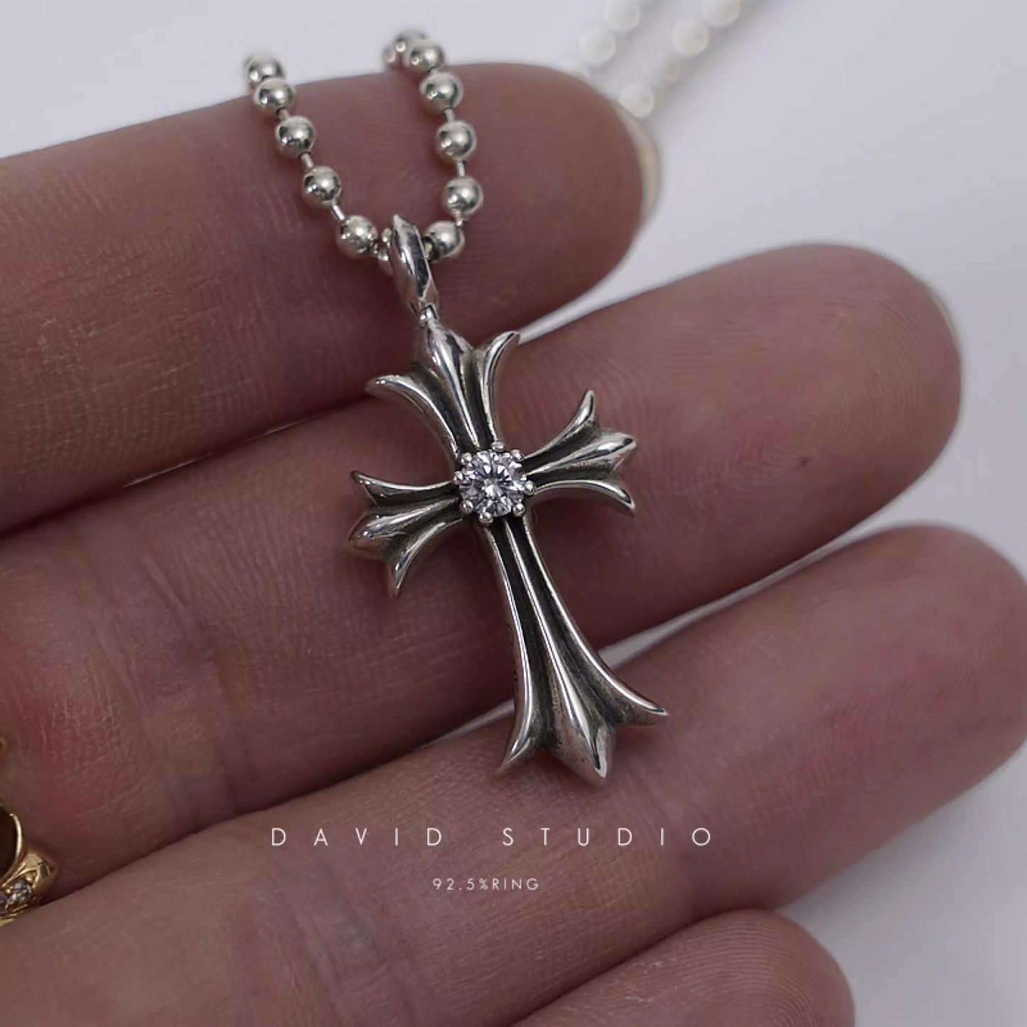 SMALL CROSS CHARM NECKLACE WITH DIAMONDS – BALL CHAIN