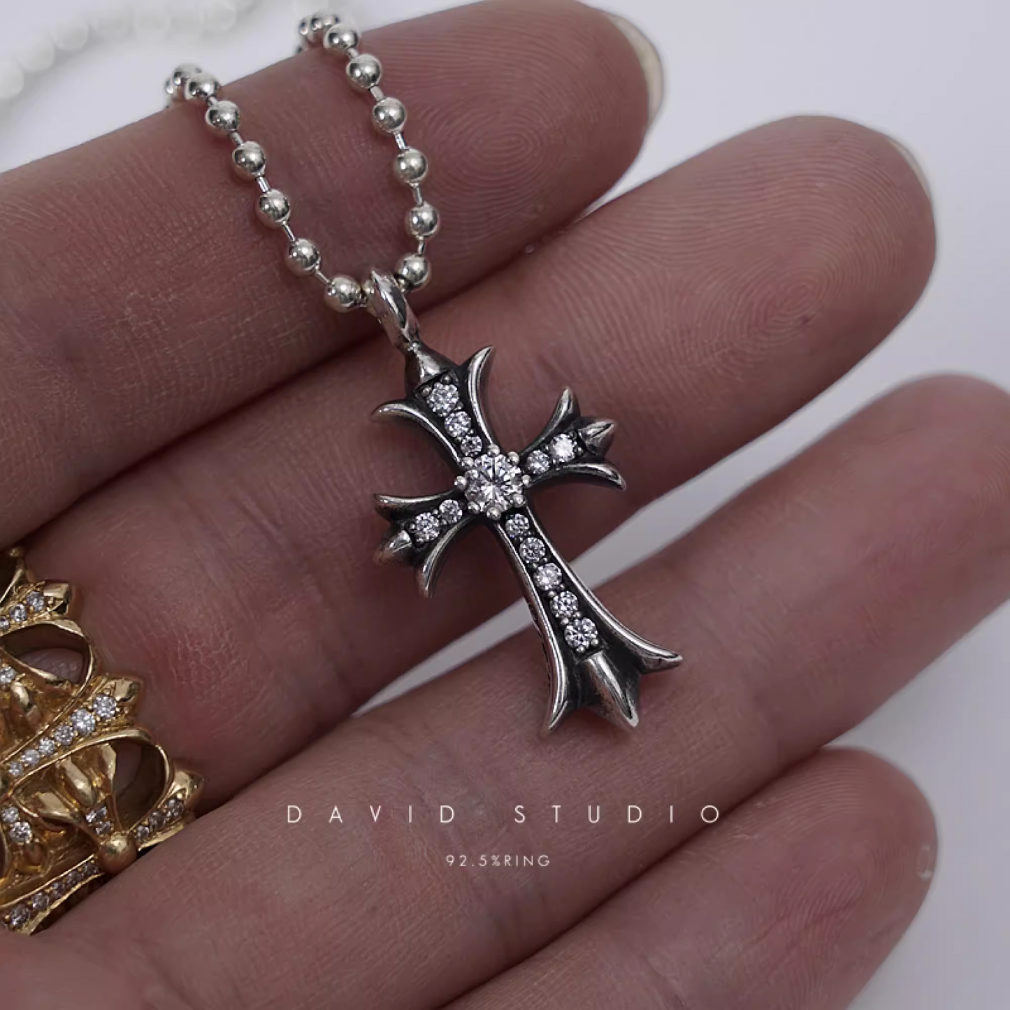 SMALL CROSS CHARM NECKLACE WITH DIAMONDS – BALL CHAIN