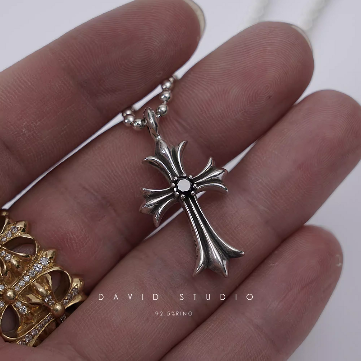 SMALL CROSS CHARM NECKLACE WITH DIAMONDS – BALL CHAIN