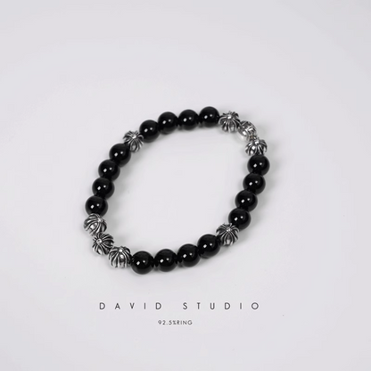 ONYX BEAD BRACELET 8MM (8 SILVER BEADS)