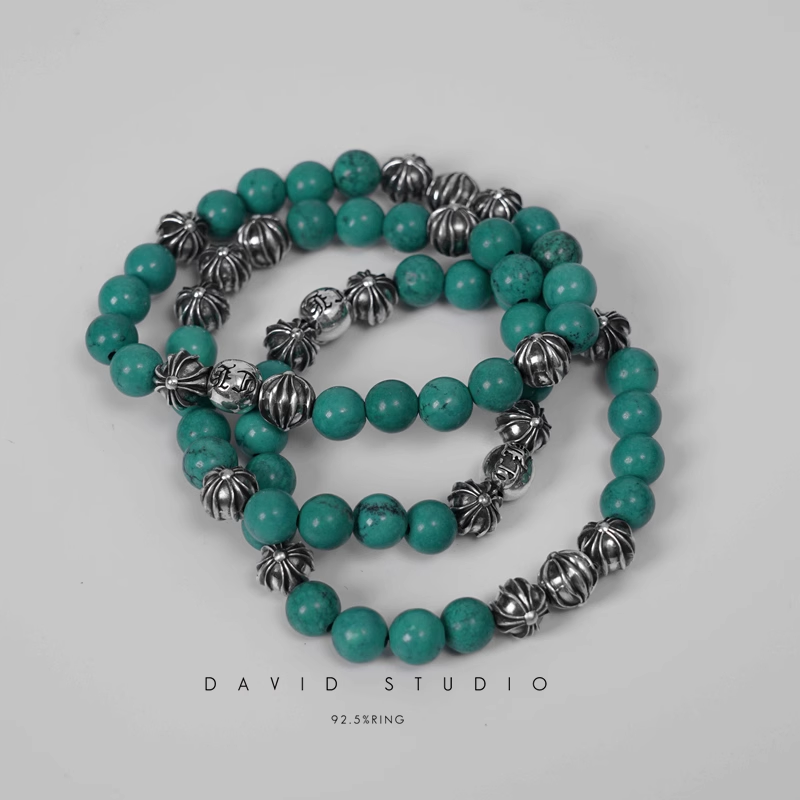 TURQUOISE BEAD BRACELET 8MM(8 SILVER BEADS)