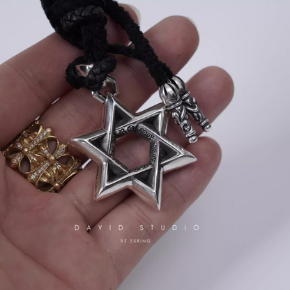 LARGE STAR OF DAVID PENDANT – LEATHER BRAID