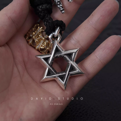 LARGE STAR OF DAVID PENDANT – LEATHER BRAID