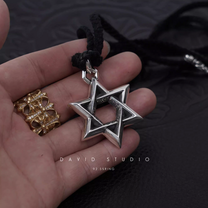 LARGE STAR OF DAVID PENDANT – LEATHER BRAID