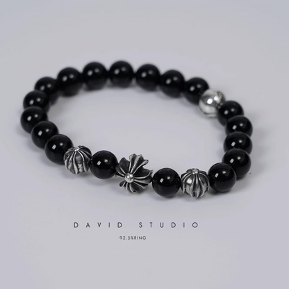 ONYX BEAD BRACELET 8MM (4 SILVER BEADS)