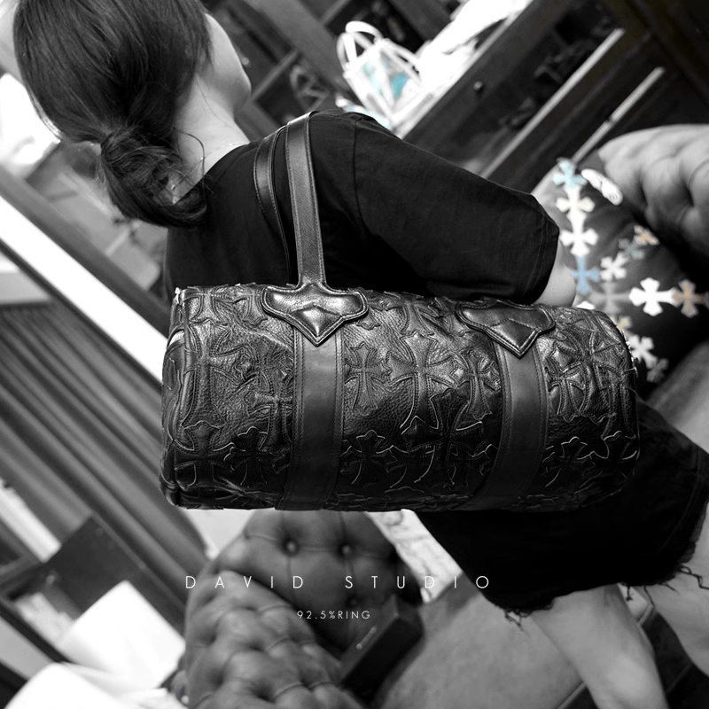 Chrome Hearts Crosshatched laser-cut patchwork single-shoulder duffle bag