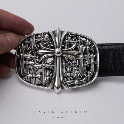 CEMETERY CROSS BUCKLE COWHIDE LEATHER BELT