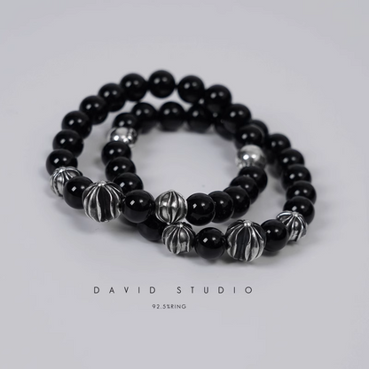 ONYX BEAD BRACELET 8MM (4 SILVER BEADS)