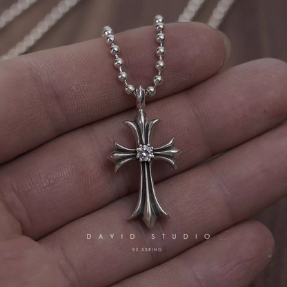 SMALL CROSS CHARM NECKLACE WITH DIAMONDS – BALL CHAIN