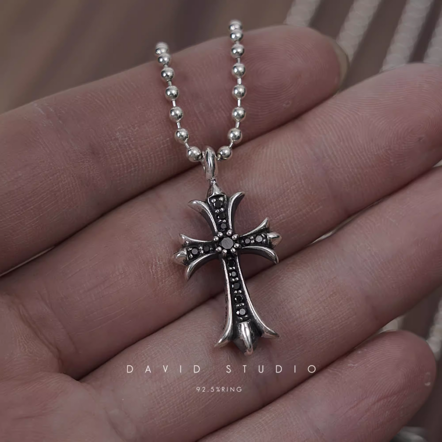 SMALL CROSS CHARM NECKLACE WITH DIAMONDS – BALL CHAIN